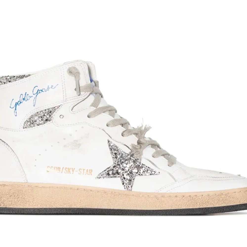 Golden Goose Sky-Star High Top Women's White and Silver Glitter Sneakers